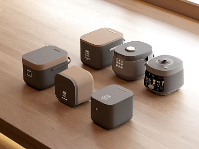 Modern Kitchen Appliances In Various Styles And Colors On Wooden Countertop 3d model