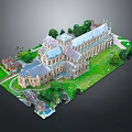 Historic Architecture Grand Structure With Towers Spires Green Lawns And Trees