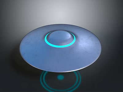 Disc Shaped Metallic Flying Saucer With Blue Glowing Ring And Reflection 3d model
