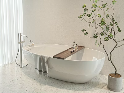 Modern Minimalist Freestanding White Bathtub With Wooden Shelf Bath Products Gray Towel And Green Plant 3d model