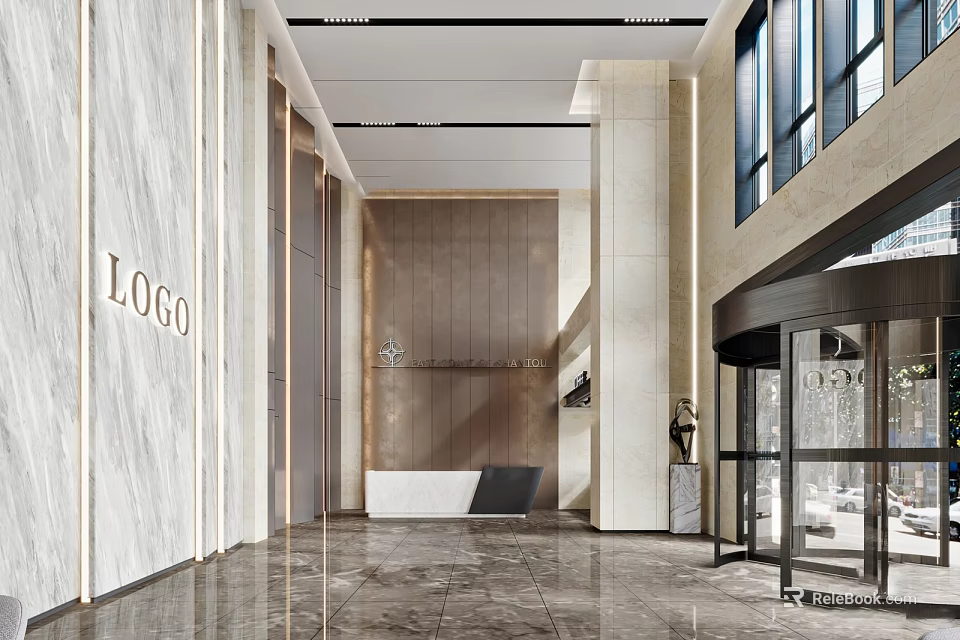 Modern Front Desk Reception Area With Marble Walls Logo And Revolving Door 3d model 