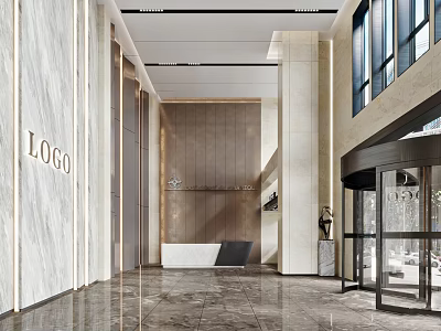 Modern Front Desk Reception Area With Marble Walls Logo And Revolving Door 3d model