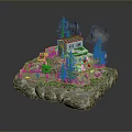 Miniature Scenic Landscape With Small House Red Car Pine Trees Mist And Rock Base