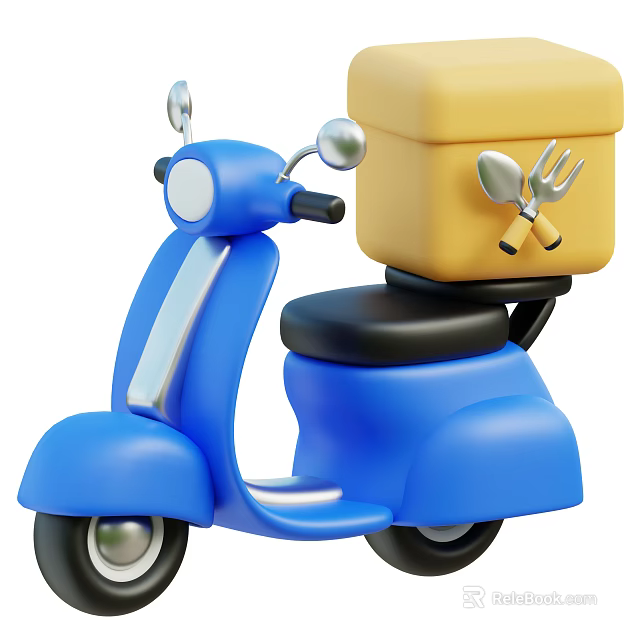 Blue Scooter With Yellow Box Carrying Spoon And Fork On Back 3d model