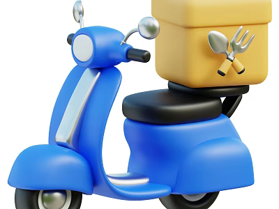Blue Scooter With Yellow Box Carrying Spoon And Fork On Back 3d model