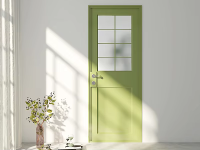 Green Hinged Door With Glass Panels In White Room With Vase And Sunlight 3d model