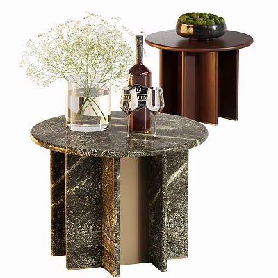 Elegant Side Table with Marble Top Featuring Vase Wine Bottle and Glass on Wooden Base 3d model