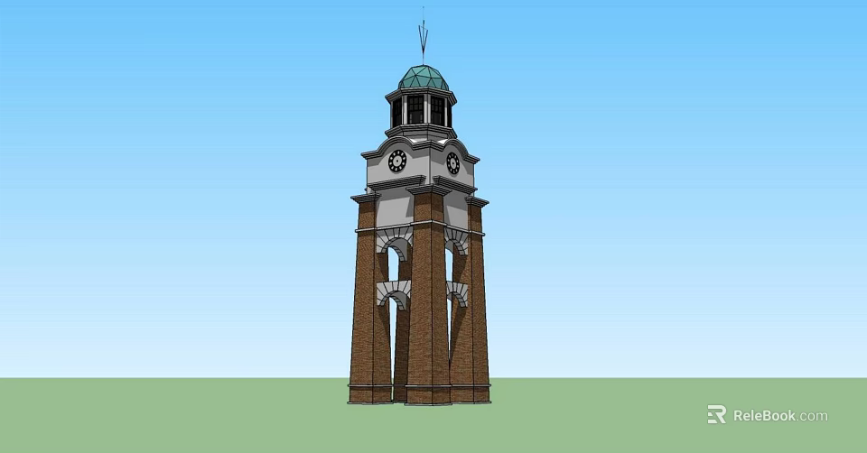 Clock Tower with Green Dome Spire and Brick Arched Structure Design 3d model 