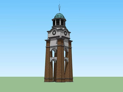Clock Tower with Green Dome Spire and Brick Arched Structure Design 3d model