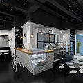 Modern Dessert Shop Interior With Black Ceiling White Brick Bar And Hanging Pendant Lights