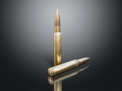 Two Brass Bullets With Golden Casing Standing Upright And Lying On Black Background With Reflections 3d model