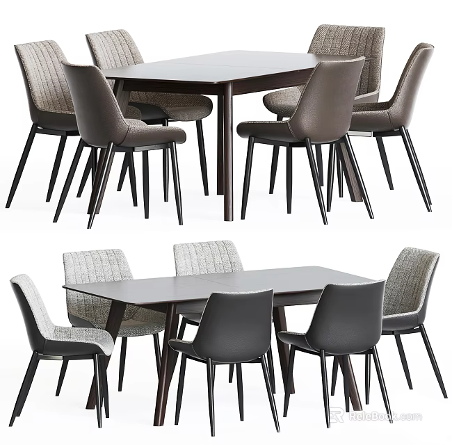 Modern Dining Table Set With Dark Tabletop And Gray Beige Upholstered Chairs 3d model
