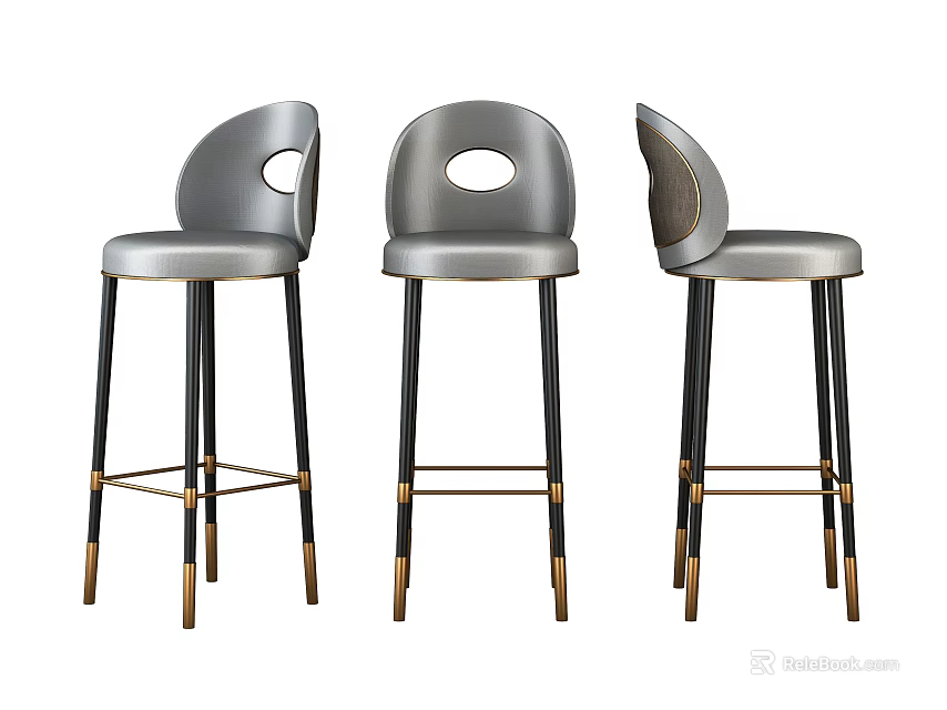 Modern Gray Bar Stools With Arched Backrest Circular Cutout And Black Legs Gold Accents 3d model 
