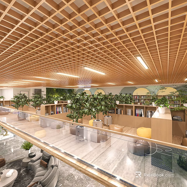 Book Art Inspired Library Space With Wooden Grid Ceiling And Green Plants 3d model 