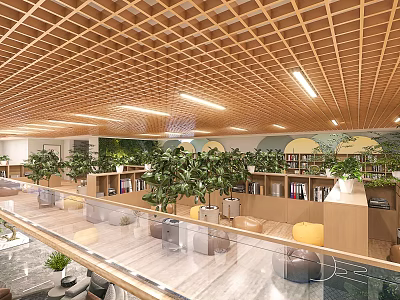 Book Art Inspired Library Space With Wooden Grid Ceiling And Green Plants 3d model