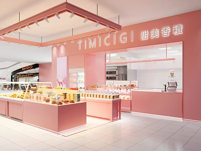 Pink Dessert Shop Interior With Pastry Display Cases Counter And Fresh Desserts 3d model