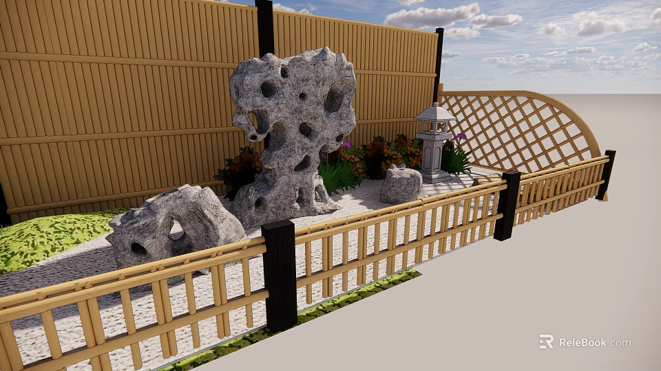 Courtyard Garden With Bamboo Fence Lattice Design Rockery Stones Lantern And Flowers 3d model 