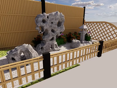 Courtyard Garden With Bamboo Fence Lattice Design Rockery Stones Lantern And Flowers 3d model
