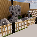 Courtyard Garden With Bamboo Fence Lattice Design Rockery Stones Lantern And Flowers