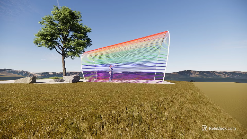 Garden Landscape With Rainbow Colored Mesh Structure Large Tree And Distant Mountains 3d model