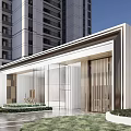 Modern Entrance Gate With Glass Facade Wooden Panels High Rise Buildings Greenery And Paved Ground