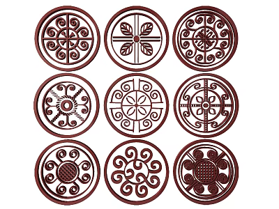 Nine Circular Decorative Carvings With Various Intricate Floral And Geometric Patterns 3d model