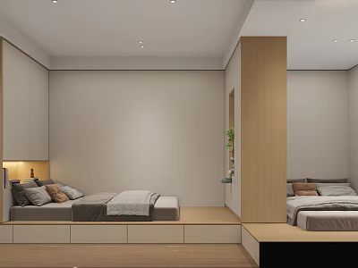 Modern Kids Room Interior Design With Two Beds And Storage Cabinets 3d model