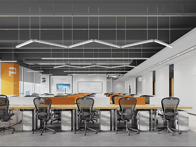 Modern Public Office Space With Long Tables Black Office Chairs And Geometric Pendant Lights 3d model
