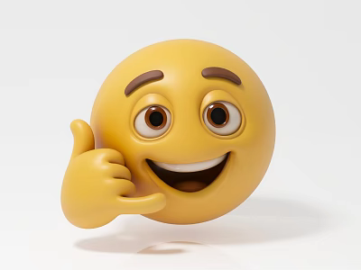 Game Movie Character 3D Yellow Smiley Face With Big Eyes Brown Eyebrows Call Me Gesture 3d model