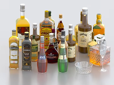 Various Assorted Alcohol Bottles And Glasses Collection With Different Labels 3d model