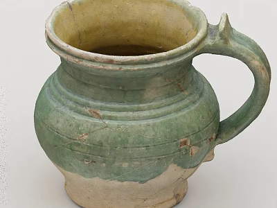 Green And Cream Earthenware Jar With Handle Worn Texture And Traditional Design 3d model