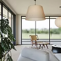 Modern Cozy Living And Dining Room With Panoramic Floor Windows And Comfortable Natural Style Furniture