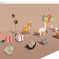 Assorted Decorative Ornaments Set With Deer Figurines Balloons Gift Boxes Lollipop And Christmas Tree Decor