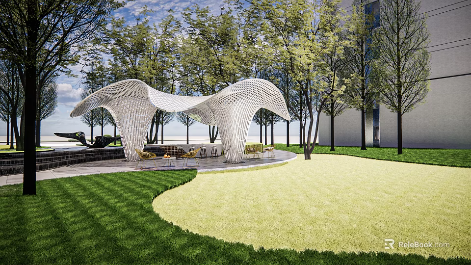 Modern Openwork Pergola In Outdoor Garden With Green Lawn And Trees 3d model 