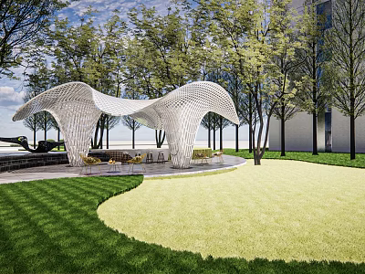 Modern Openwork Pergola In Outdoor Garden With Green Lawn And Trees 3d model