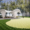 Modern Openwork Pergola In Outdoor Garden With Green Lawn And Trees