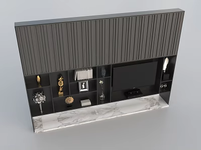 Modern TV Cabinet With Black Vertical Striped Panel Storage Shelves Decorative Items And Marble Countertop 3d model