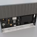 Modern TV Cabinet With Black Vertical Striped Panel Storage Shelves Decorative Items And Marble Countertop