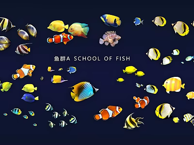 Colorful School of Fish Wall Decor with Vibrant Various Fish Patterns Design 3d model