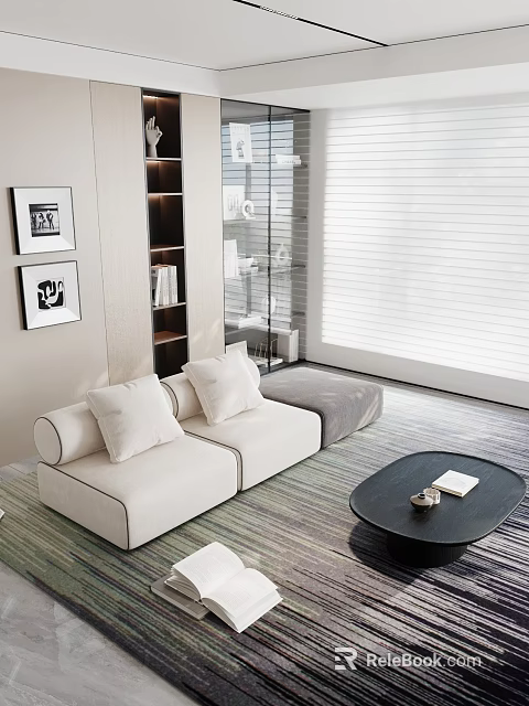 Modern Living Room Interior With White Sofa Cushions Wall Art Wooden Bookshelf And Roller Blinds 3d model 