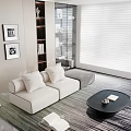 Modern Living Room Interior With White Sofa Cushions Wall Art Wooden Bookshelf And Roller Blinds