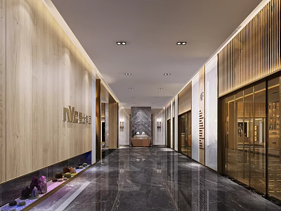 Elevator Lobby Interior With Wooden Panels Marble Flooring And Ceiling Lights 3d model