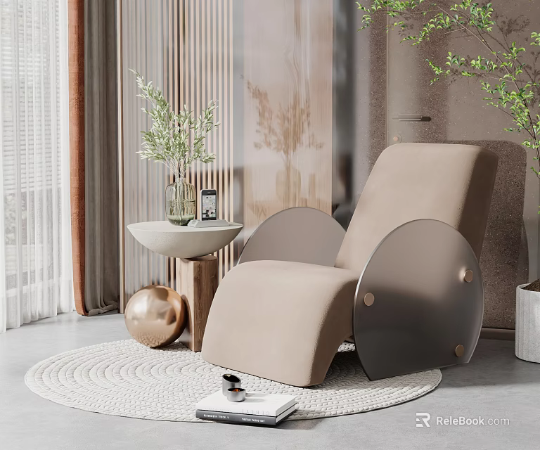 Modern Beige Lounge Chair with Curved Design Round Side Table and Green Plant 3d model 