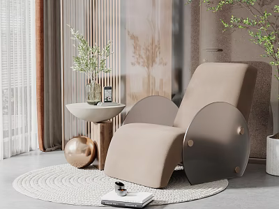 Modern Beige Lounge Chair with Curved Design Round Side Table and Green Plant 3d model