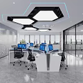 Modern Public Office Space With White Desks Black Chairs And Hexagonal Ceiling Lights