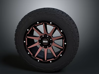 Car Tire With Black Red Alloy Wheel Rim And BBS Logo Tread Pattern 3d model