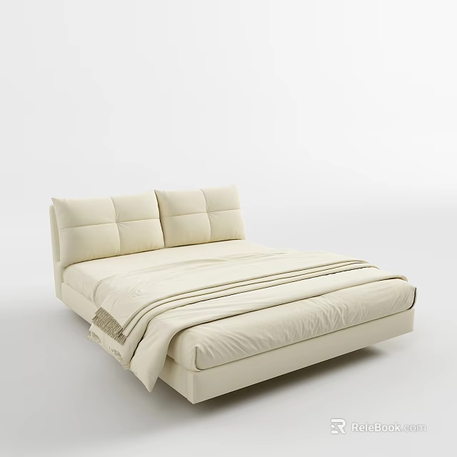 Modern Cream Double Bed With Upholstered Headboard And Striped Bedspread 3d model 