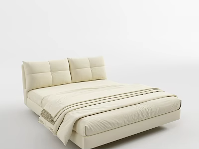 Modern Cream Double Bed With Upholstered Headboard And Striped Bedspread 3d model