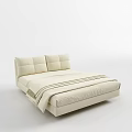 Modern Cream Double Bed With Upholstered Headboard And Striped Bedspread 3d model