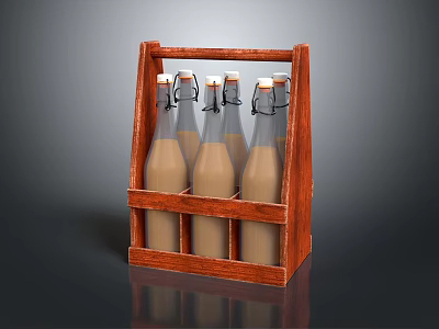 Glass Bottles Filled with Brown Liquid Stored in Wooden Crate 3d model